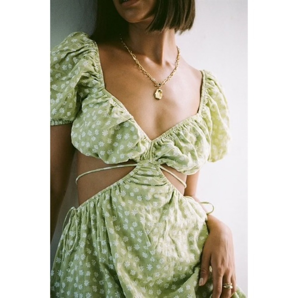 SABO Siana Dress Green White Floral Cut Out Puff Sleeve Mini Dress XS